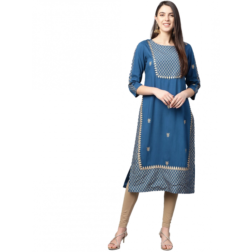 Women's Casual 3/4 th Sleeve Floral Printed Rayon Kurti (Blue)