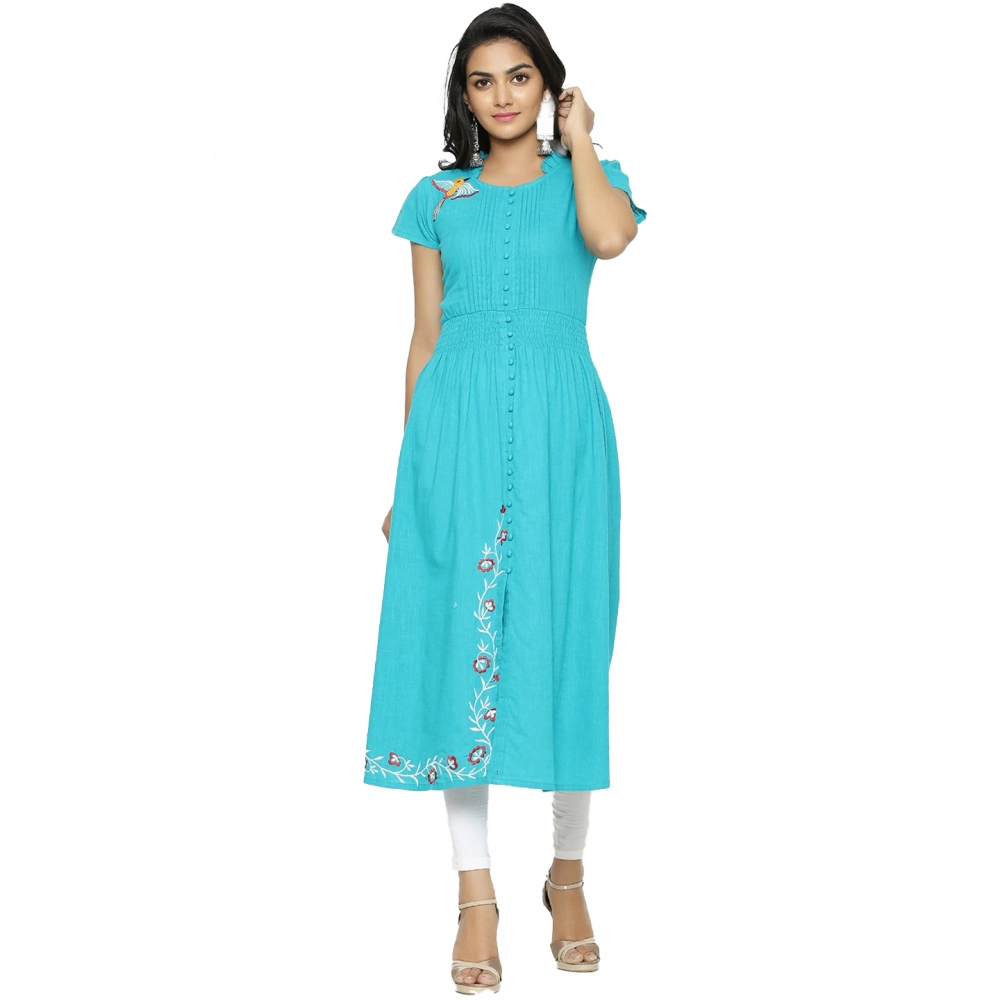 Women's Casual Short Sleeve Embroidery Cotton Slub Kurti (Torque Green)