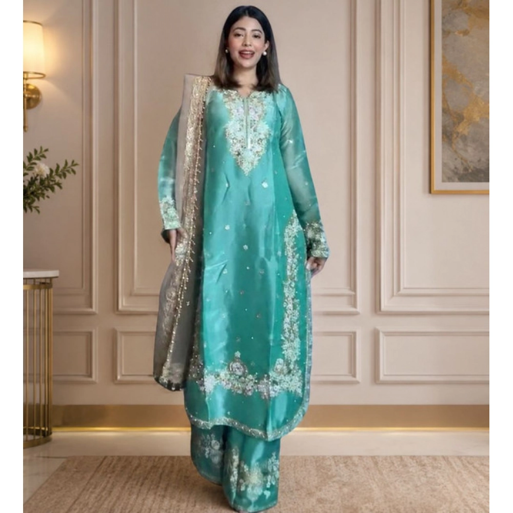 Women's Silk Embroidered 3/4th Sleeve Round Readymade Kurti With Palazzo Pant and Dupatta Set (Sea Green)