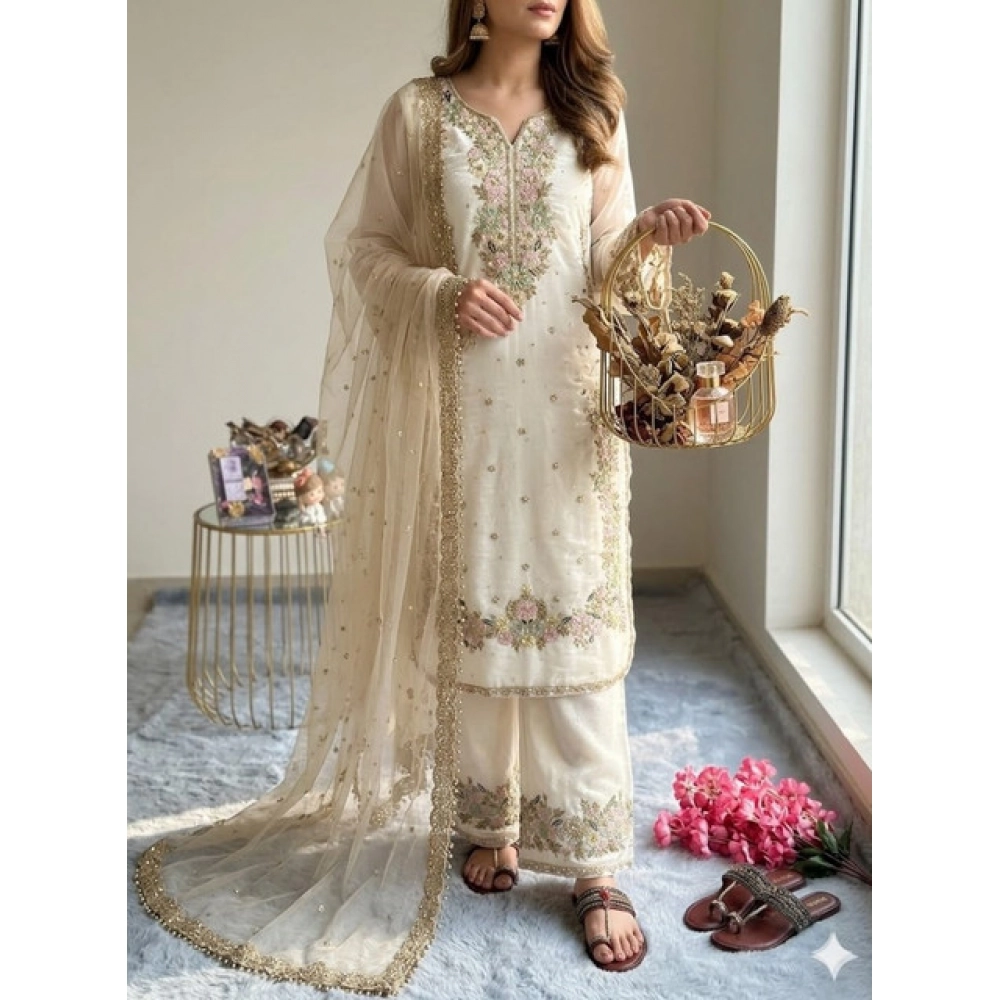 Women's Silk Embroidered 3/4th Sleeve Round Kurti With Palazzo Pant and Dupatta Set (White)