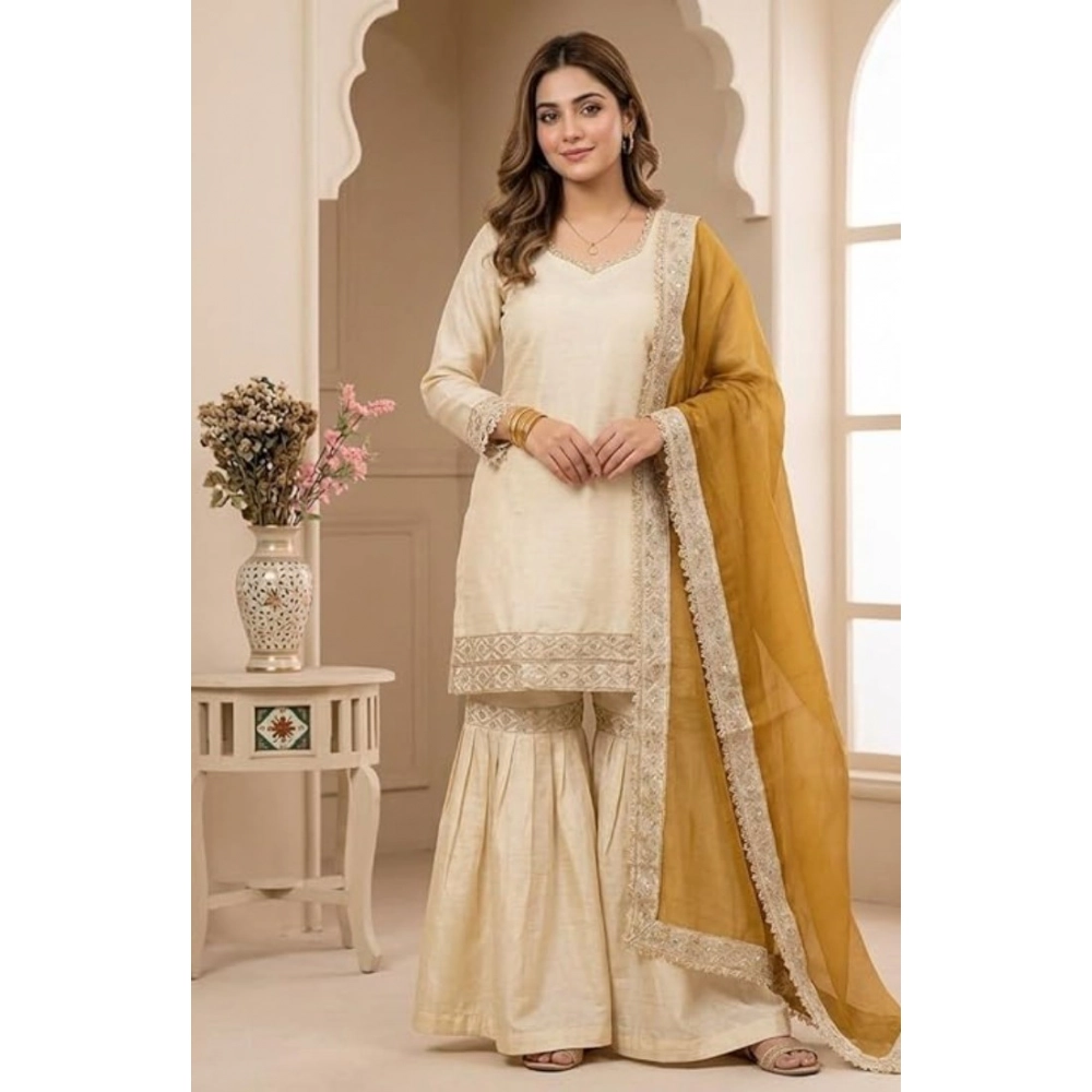 Women's Silk Embroidered 3/4th Sleeve V-Neck Kurti With Sharara Pant and Dupatta Set (Cream & Yellow)