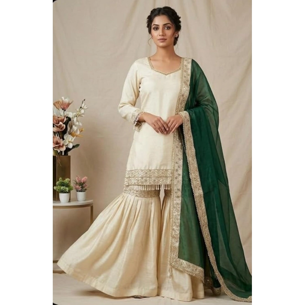 Women's Silk Embroidered 3/4th Sleeve V-Neck Kurti With Sharara Pant and Dupatta Set (Cream & Bottle Green)
