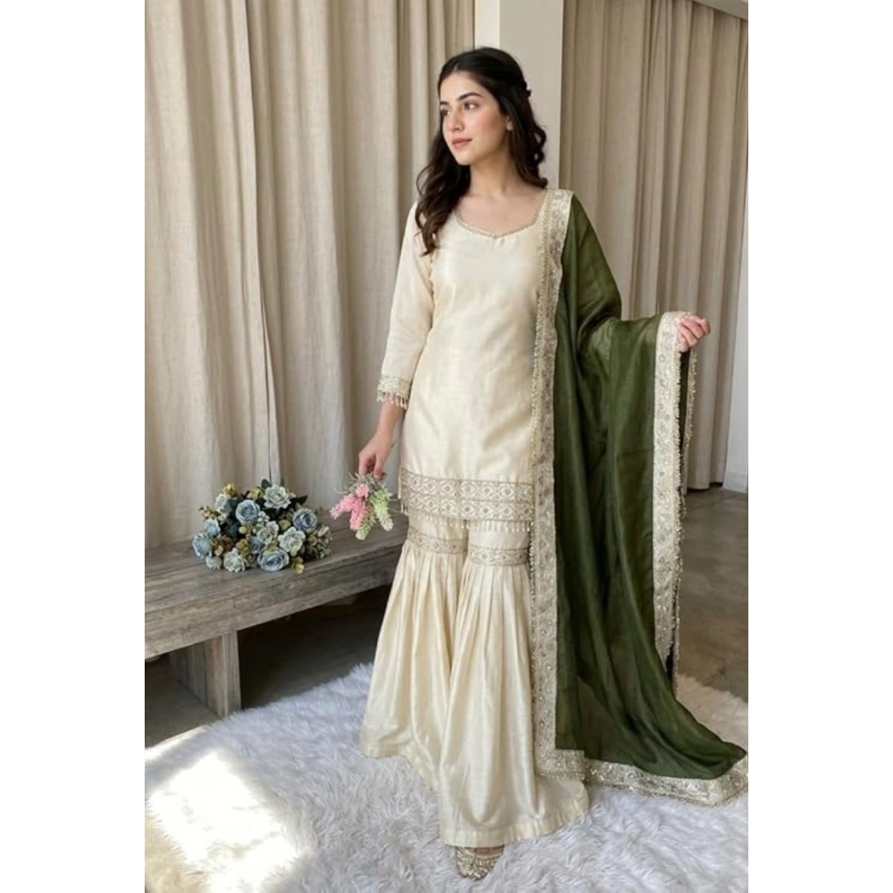 Women's Silk Embroidered 3/4th Sleeve V-Neck Kurti With Sharara Pant and Dupatta Set (Cream & Green)