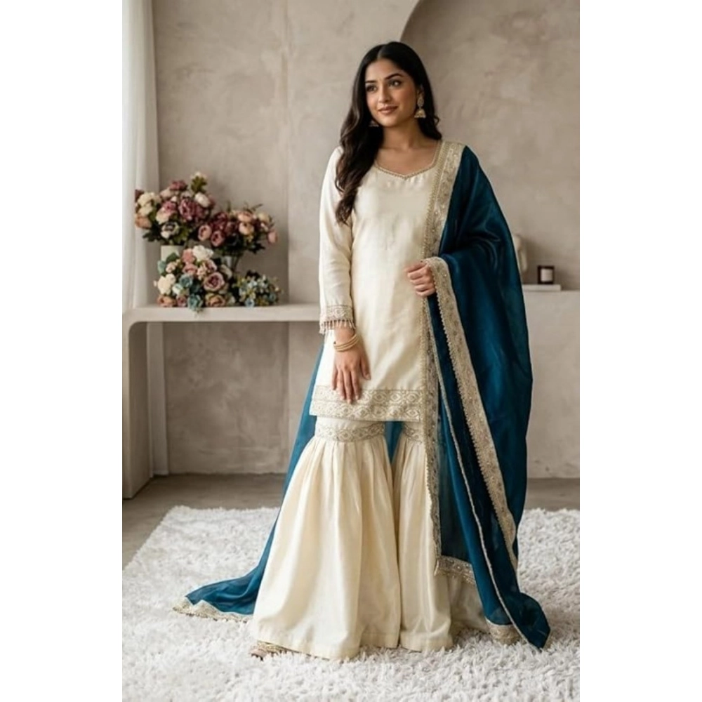 Women's Silk Embroidered 3/4th Sleeve V-Neck Kurti With Sharara Pant and Dupatta Set (Cream & Teal)